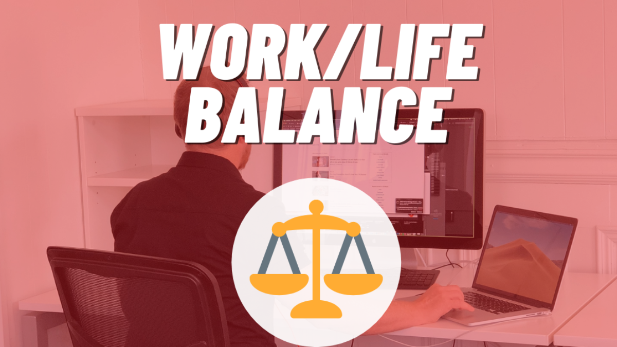 Work Life Balance Graphic with person working in office